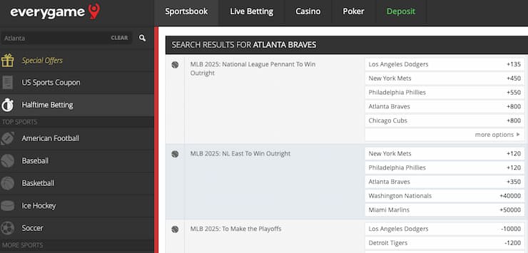Odds display from Everygame, a major player in California online sportsbooks.